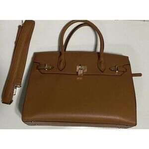 Elegant brown faux leather tote bag with gold-tone hardware and padlock accent